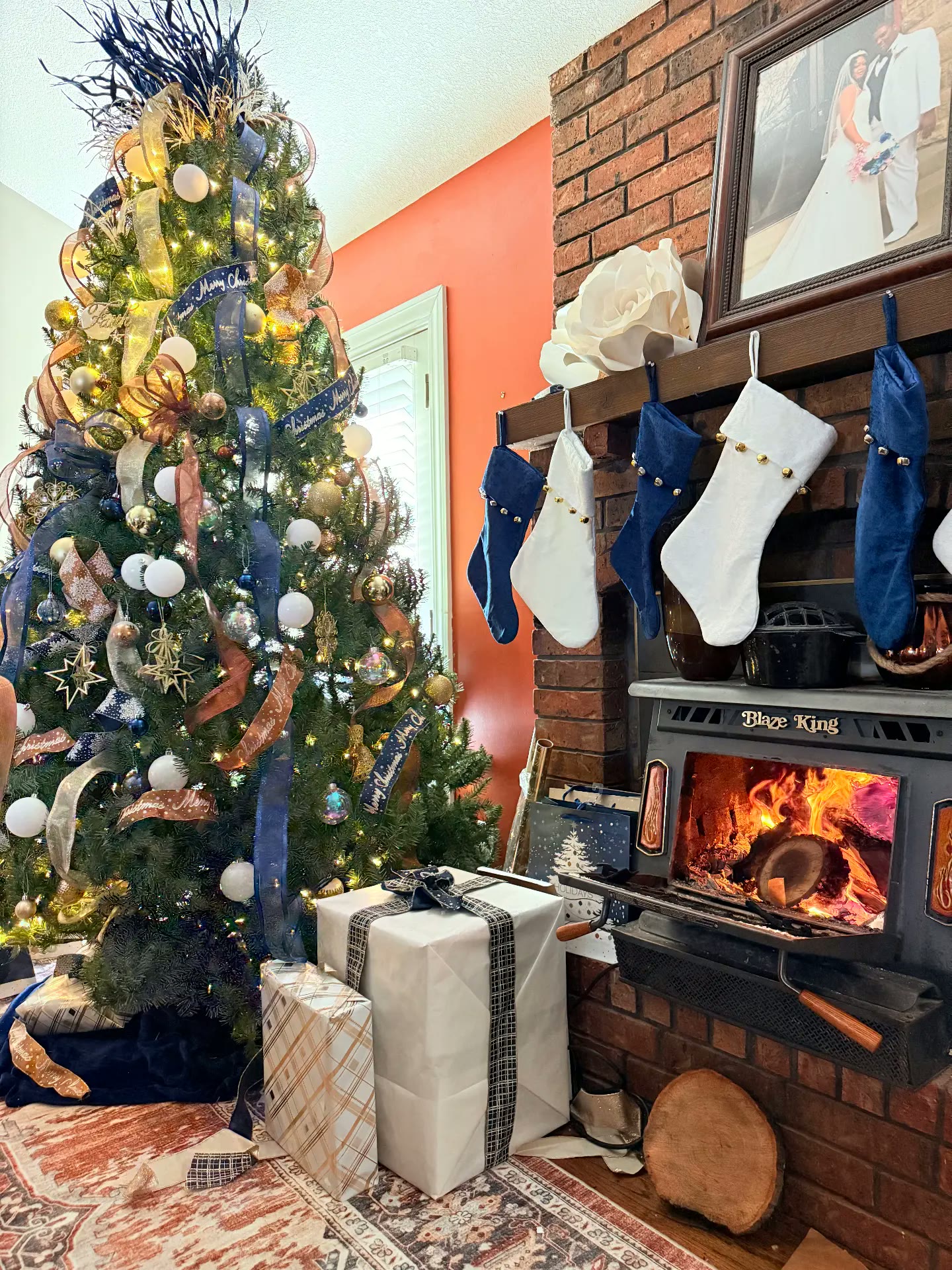 Navy and gold Christmas tree and mantel decor